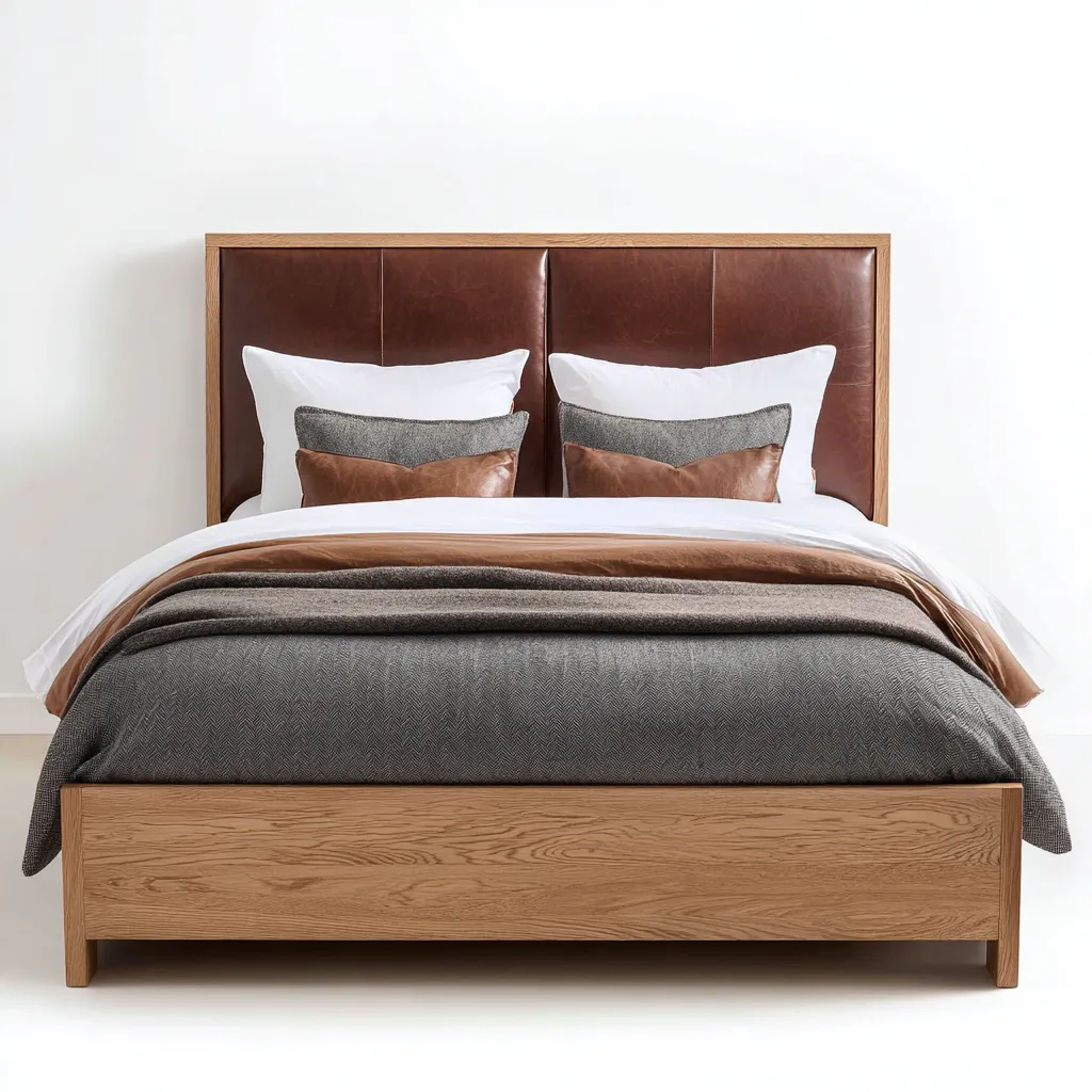 Lit 2 places bois et cuir 200x180x95 cm - chêne clair - pour chambre - style moderne-Nicheoliq