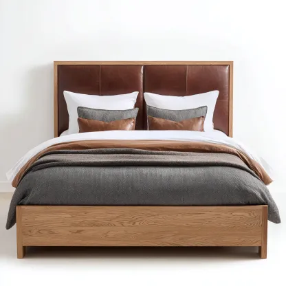 Lit 2 places bois et cuir 200x180x95 cm - chêne clair - pour chambre - style moderne-Nicheoliq