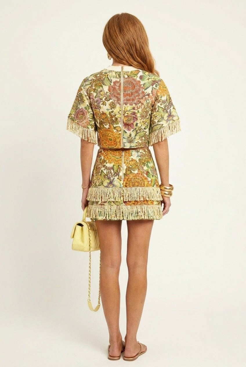 Floral Jacquard Crop Top & Fringe Mini Skirt