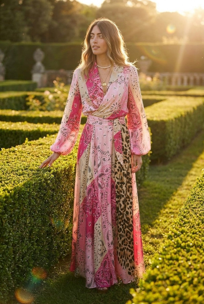 Mixed Print Satin Wrap Maxi Dress