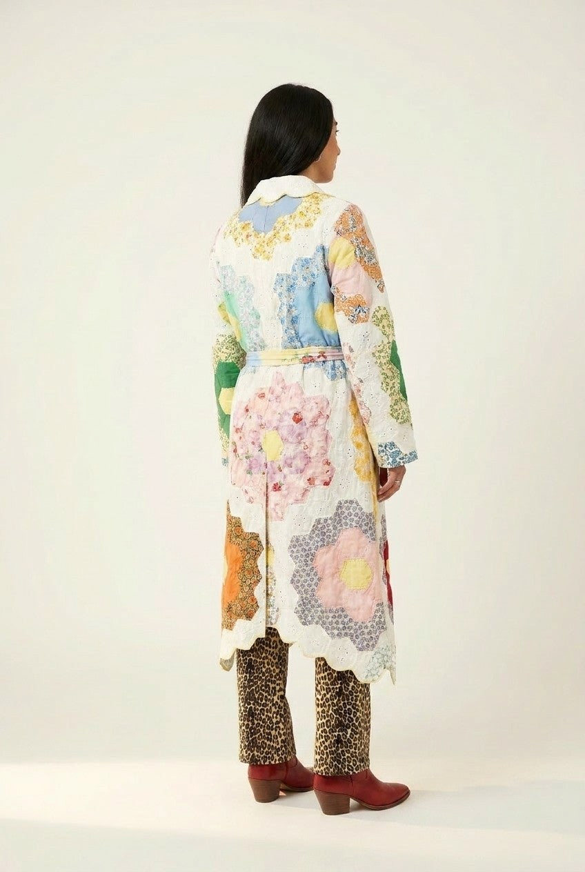 Patchwork Eyelet Scalloped Belted Coat