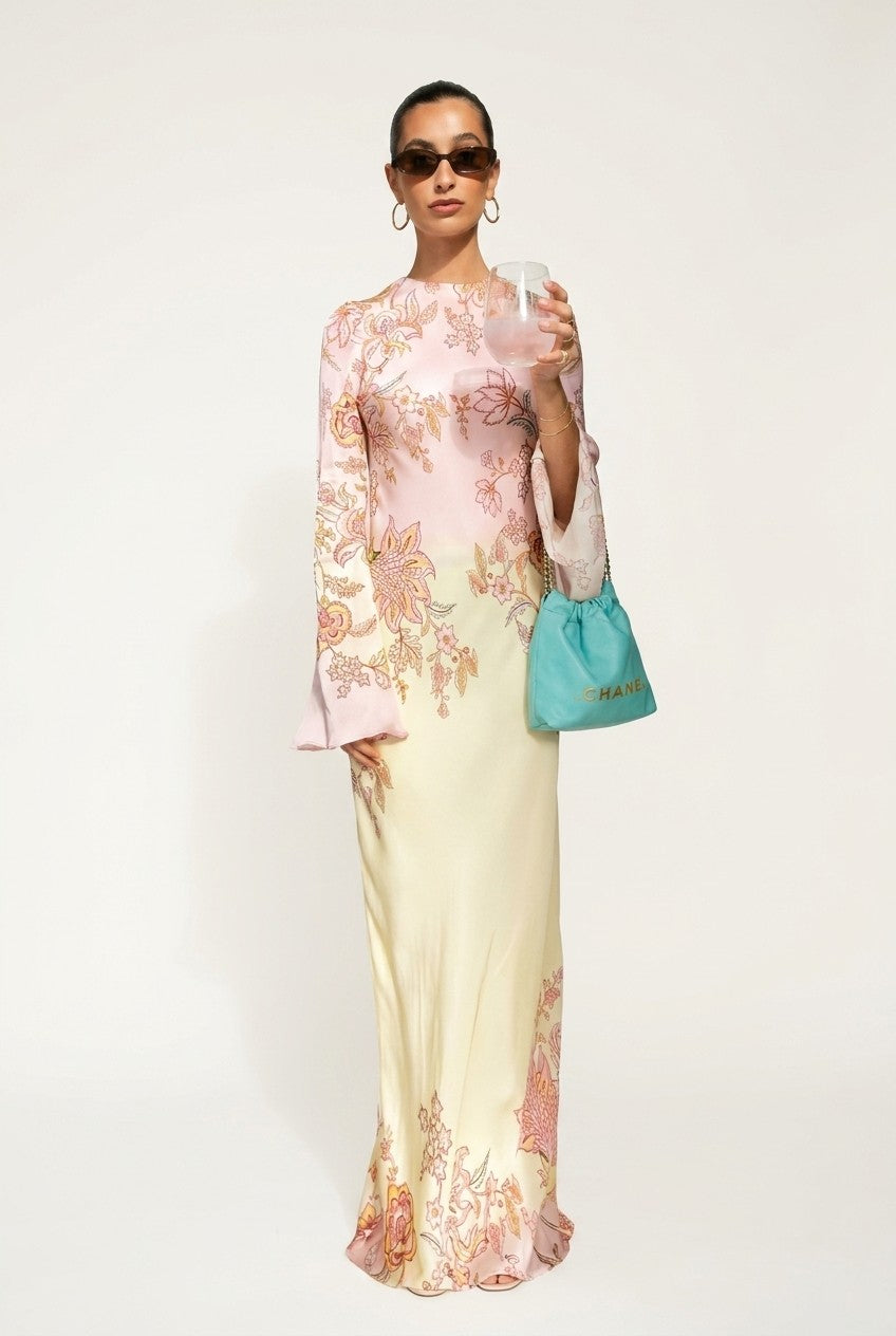 Floral Satin Bell Sleeve Maxi Dress