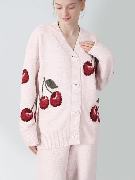 Soft Half Velvet Cherry Cardigan Pajama Set-Massicos