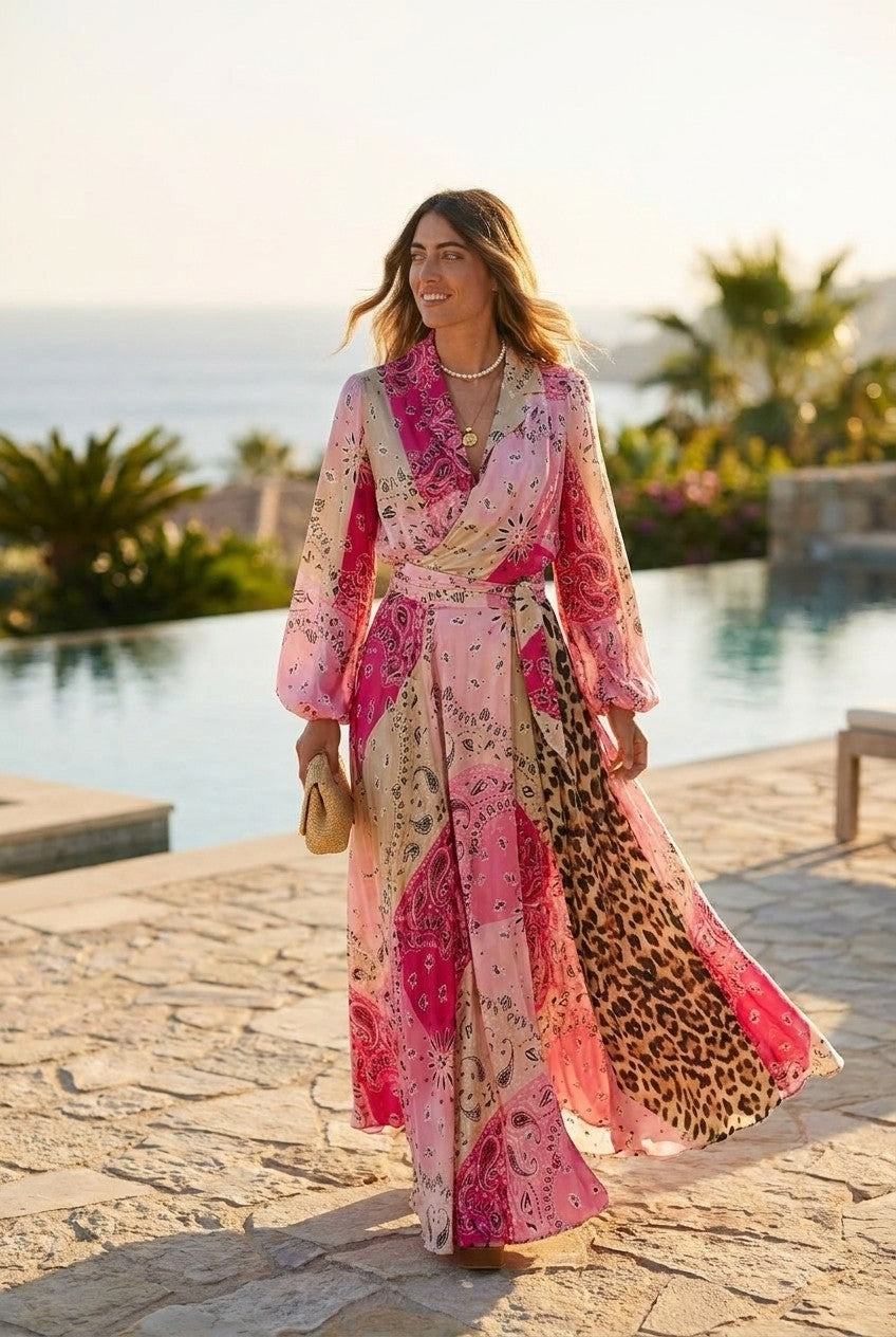 Mixed Print Satin Wrap Maxi Dress