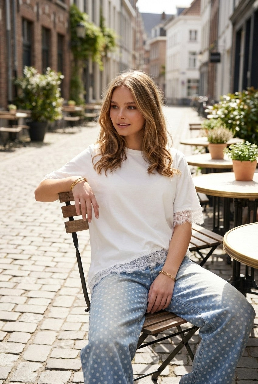 Product Name: Evelyn Lace-Trim Asymmetrical Cotton Top