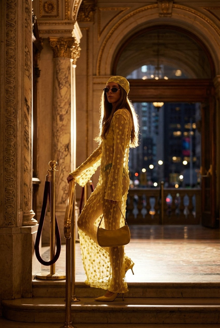 Sheer Textured Pom-Pom Long Sleeve Maxi Dress