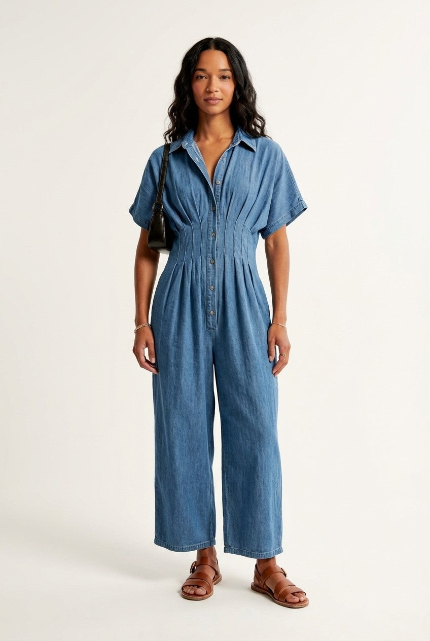 Arden Soft Denim Pleated Waist Jumpsuit
