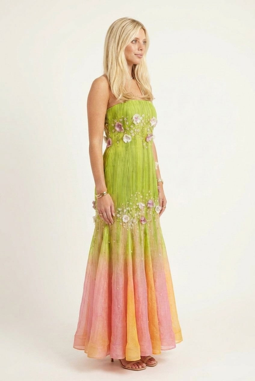 Strapless Floral Appliqué Ombre Pleated Maxi Dress