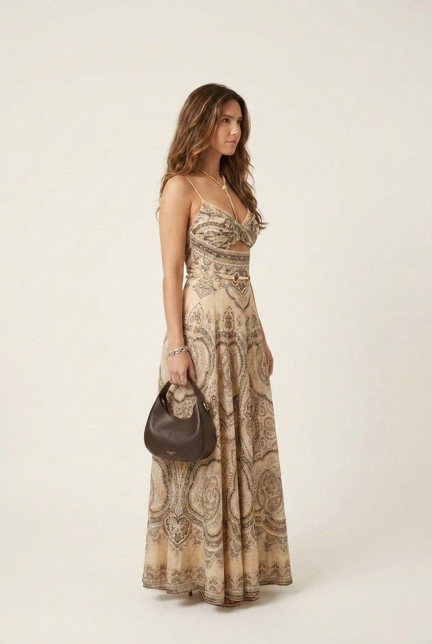 Paisley Cut-Out Hardware Accent Maxi Dress