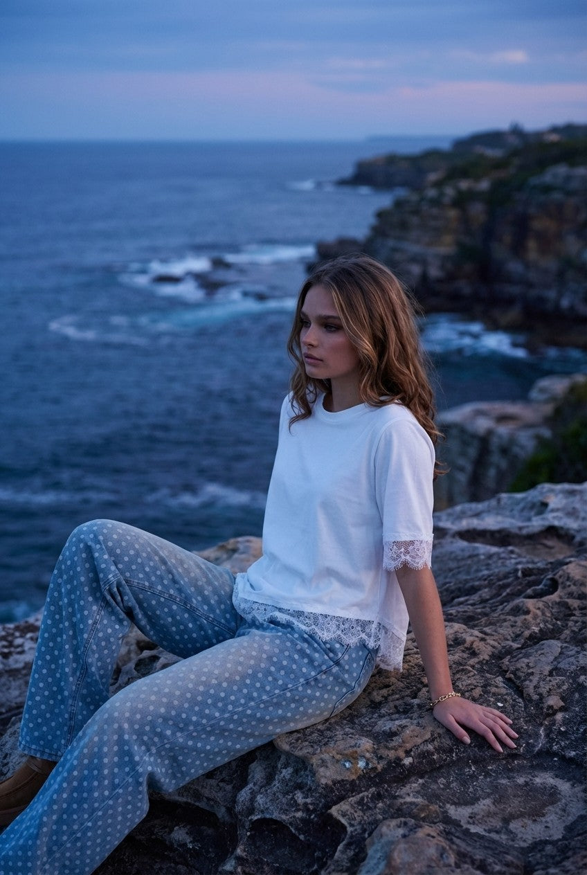 Product Name: Evelyn Lace-Trim Asymmetrical Cotton Top