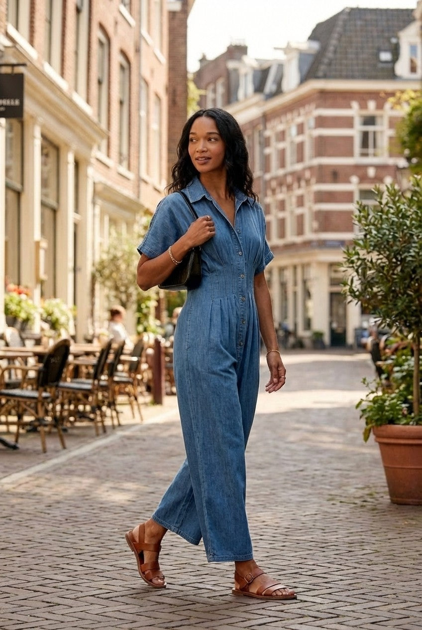 Arden Soft Denim Pleated Waist Jumpsuit