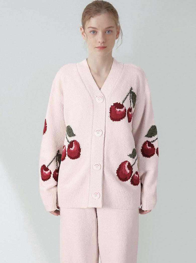 Soft Half Velvet Cherry Cardigan Pajama Set-Massicos