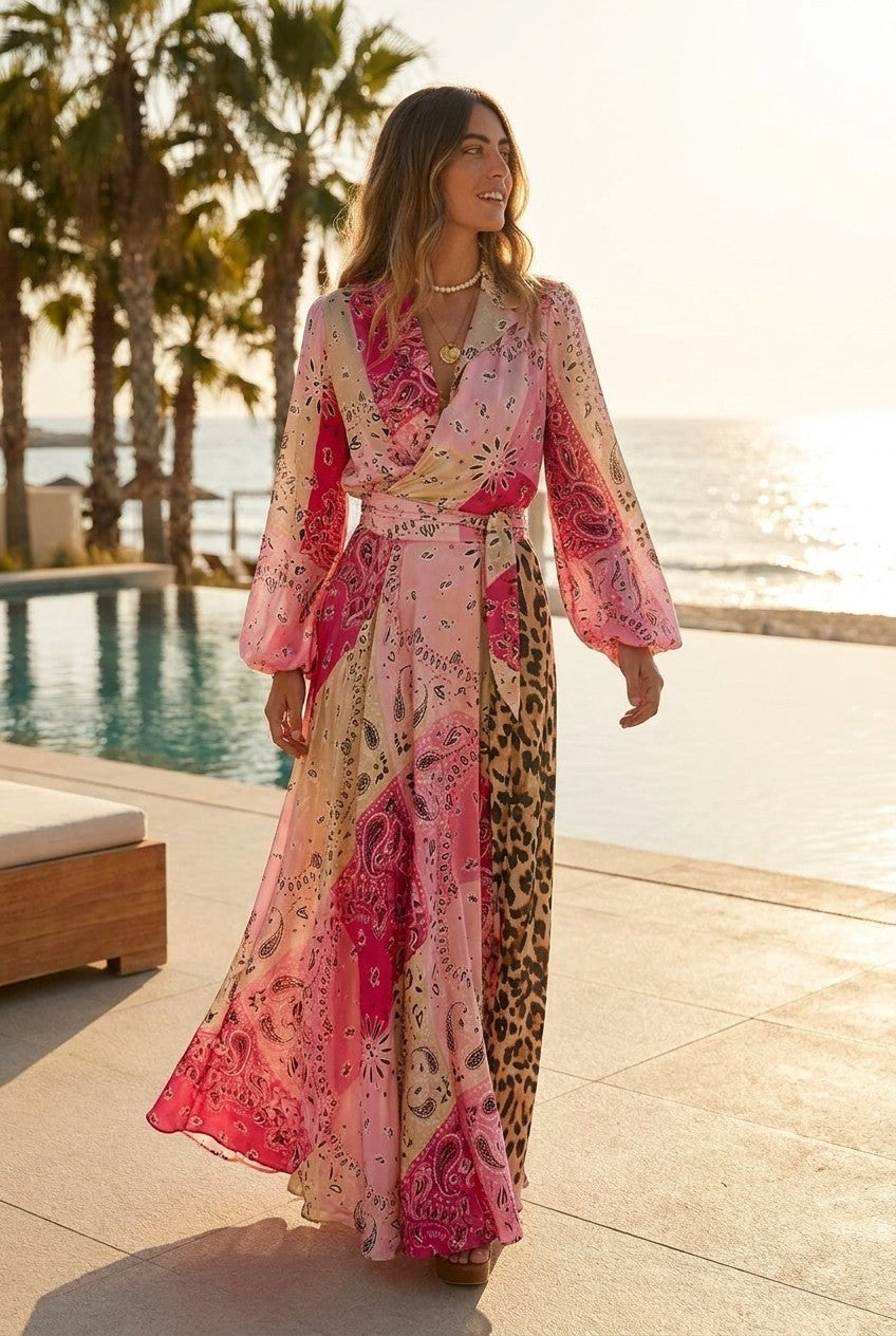 Mixed Print Satin Wrap Maxi Dress