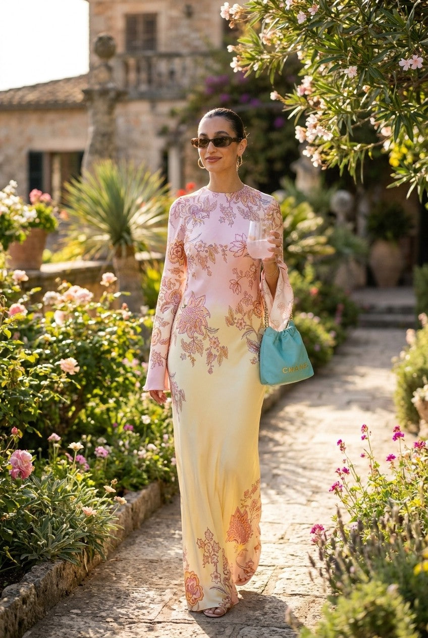 Floral Satin Bell Sleeve Maxi Dress
