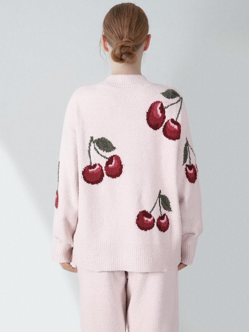 Soft Half Velvet Cherry Cardigan Pajama Set-Massicos