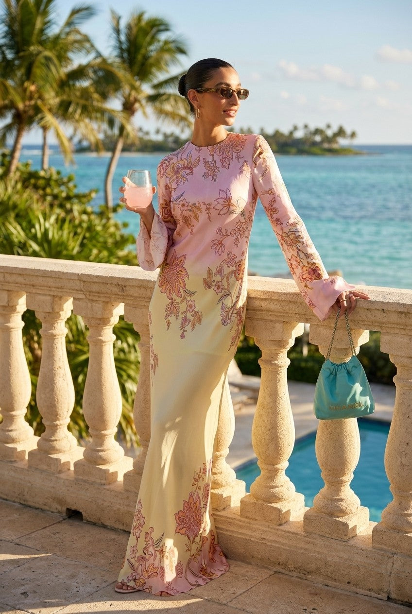 Floral Satin Bell Sleeve Maxi Dress