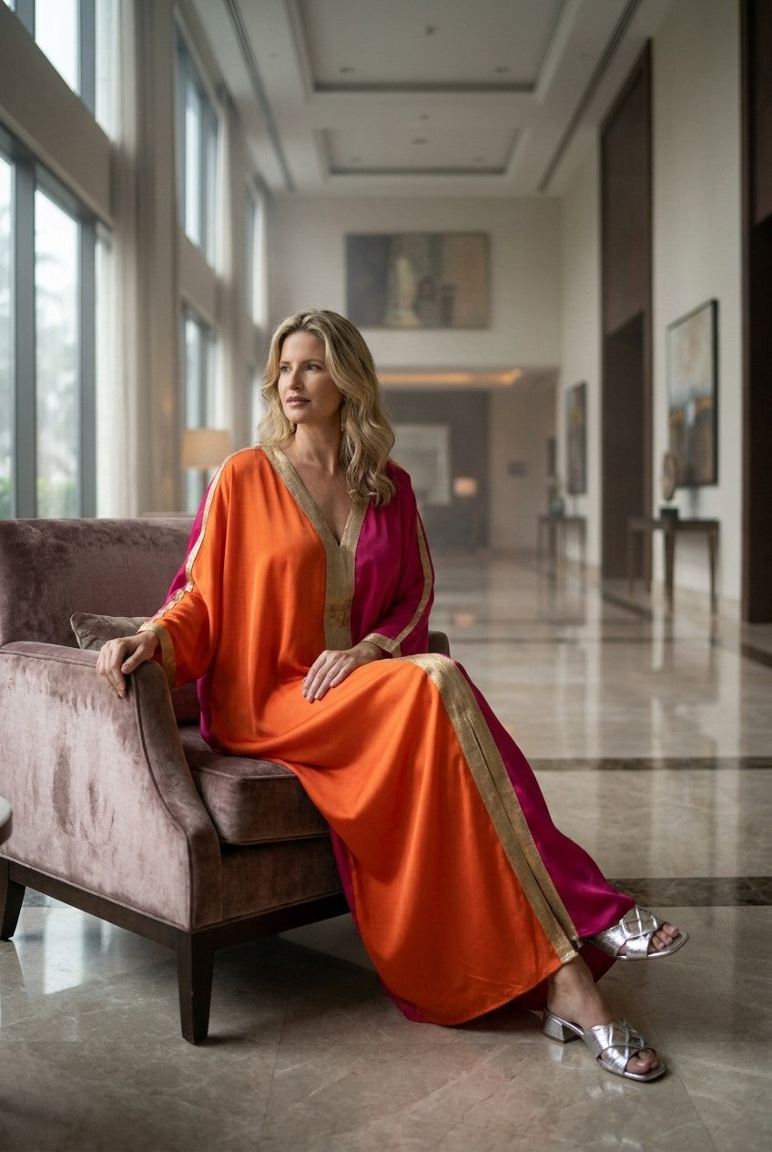 Colorblock Satin V-Neck Kaftan Dress