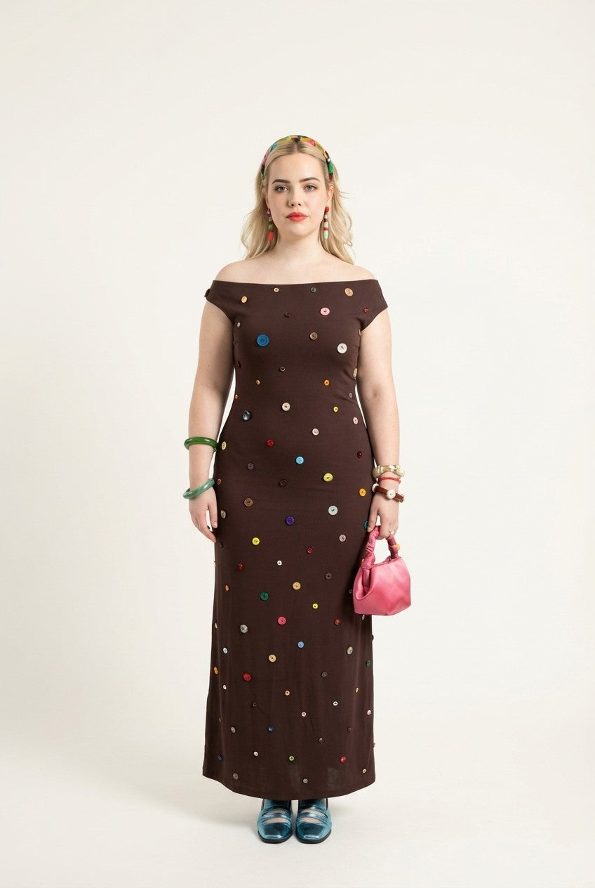 Boho Charm Off-Shoulder Maxi Dress with Colorful Buttons