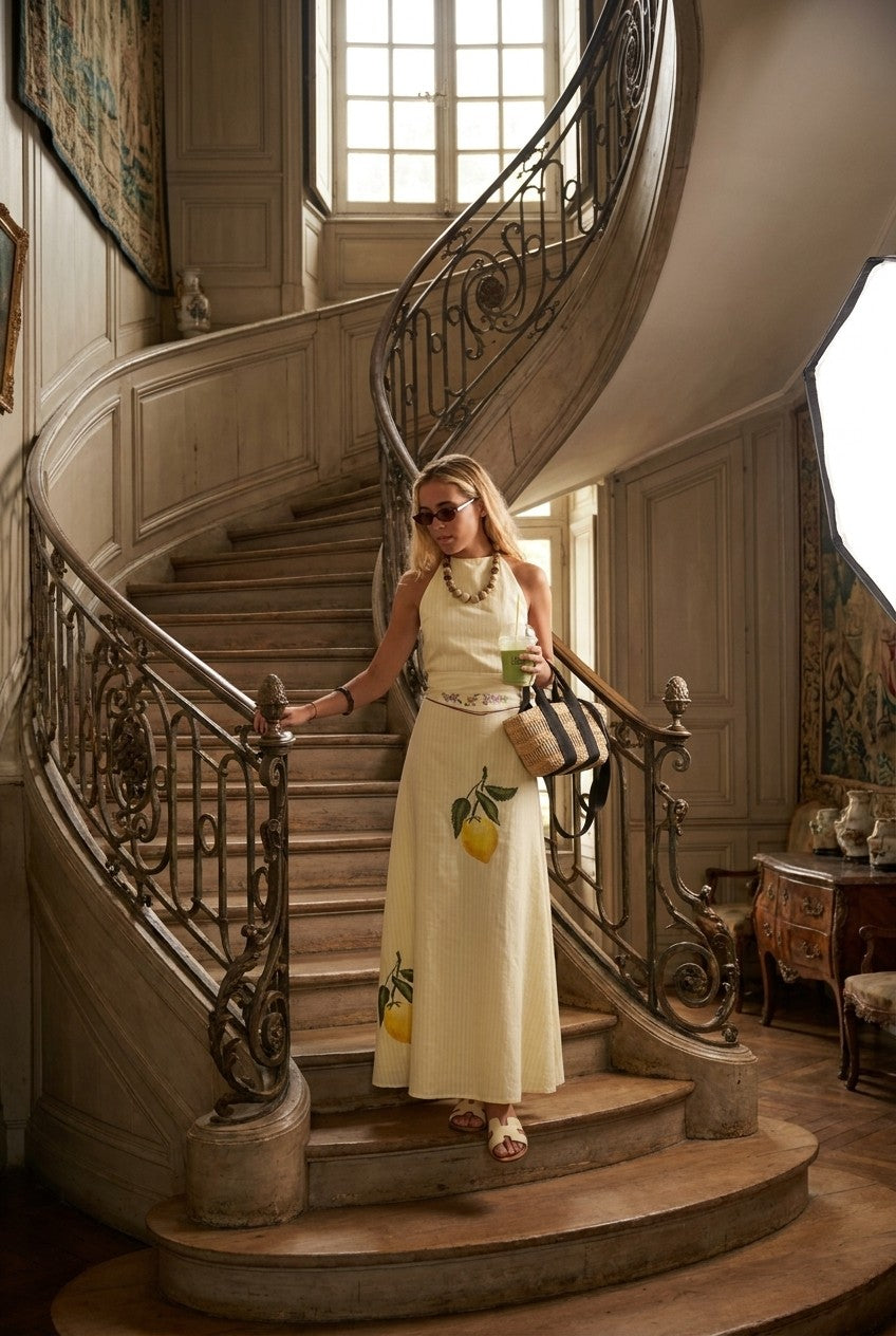 Mediterranean Lemon Print Halter Maxi Dress