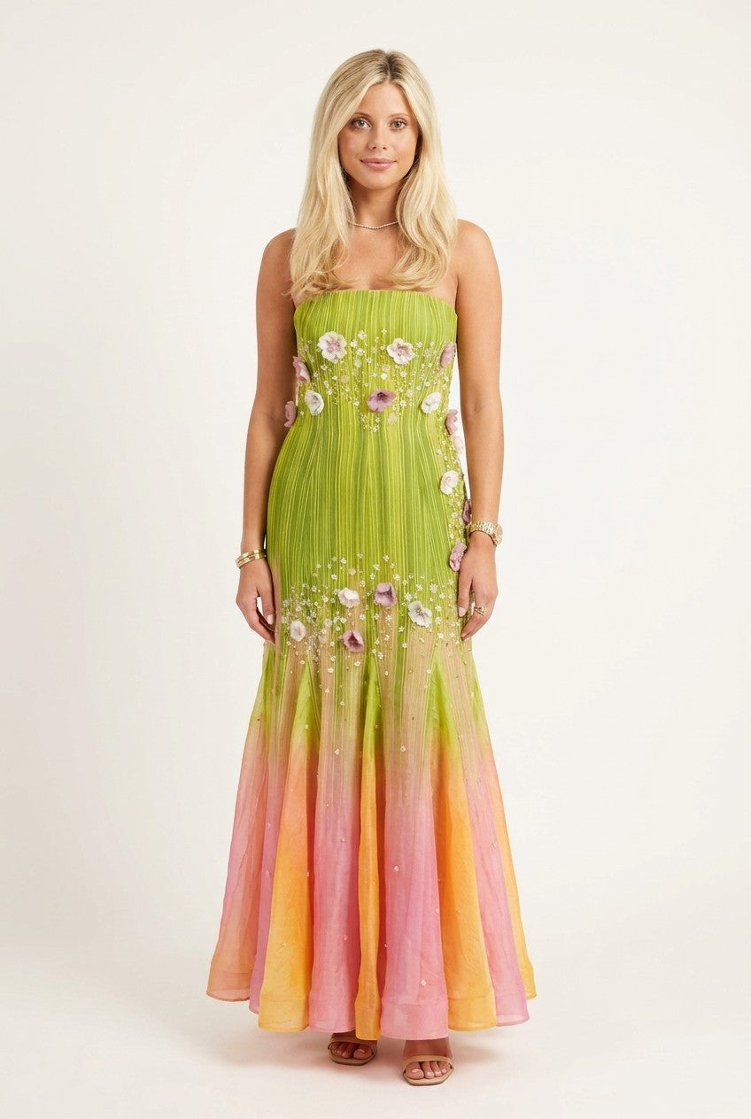 Strapless Floral Appliqué Ombre Pleated Maxi Dress