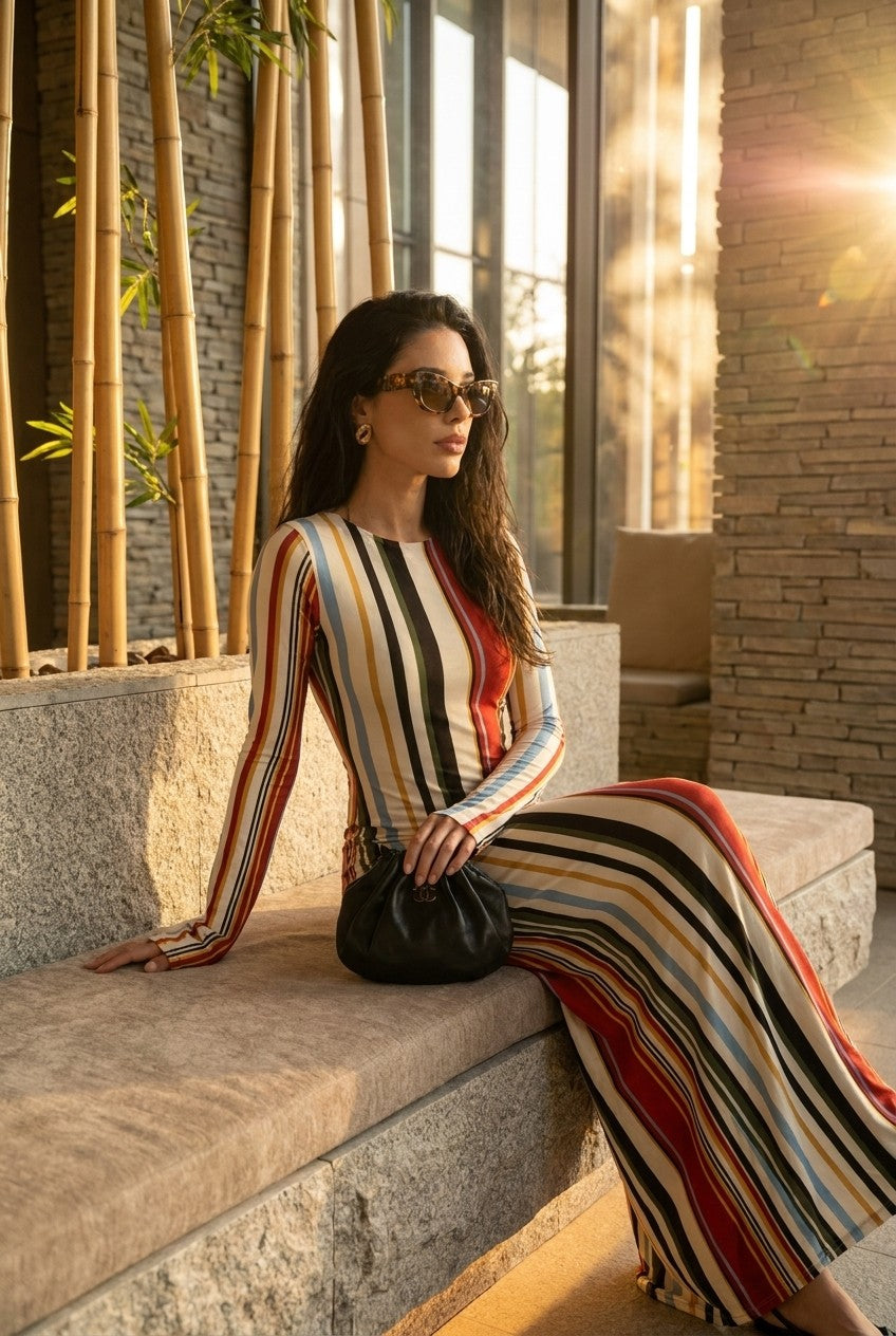 Multicolor Vertical Stripe Knit Maxi Dress