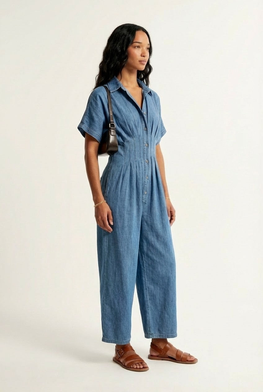 Arden Soft Denim Pleated Waist Jumpsuit