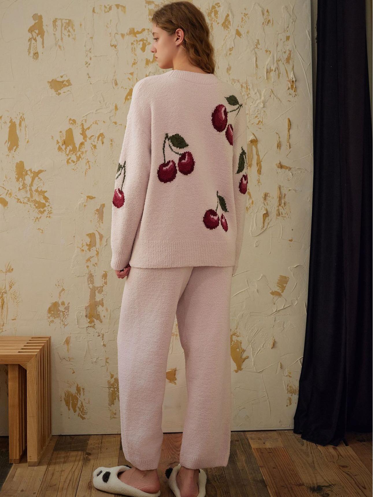 Soft Half Velvet Cherry Cardigan Pajama Set-Massicos