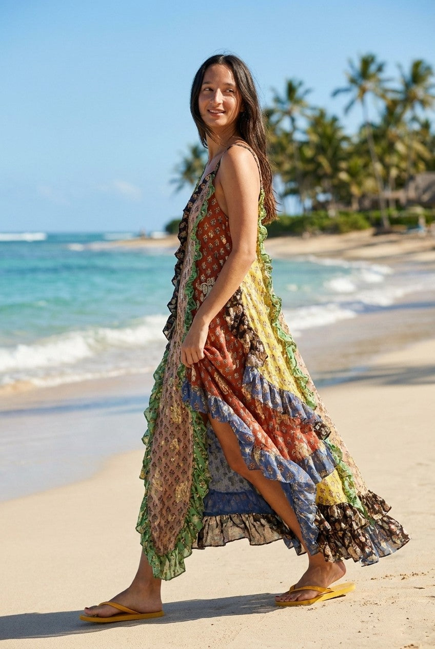 Patchwork High-Low Ruffle Maxi Dress