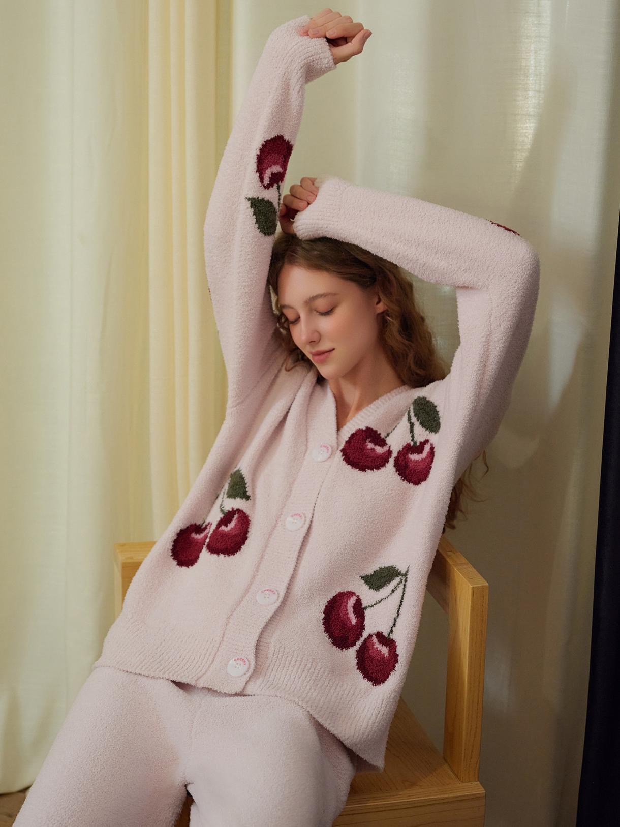 Soft Half Velvet Cherry Cardigan Pajama Set-Massicos