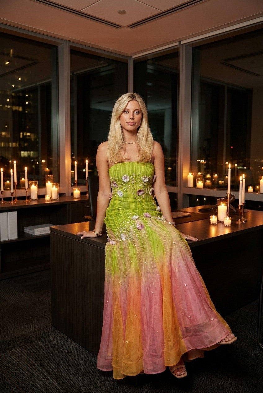 Strapless Floral Appliqué Ombre Pleated Maxi Dress