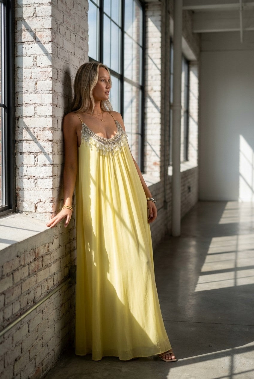 Aurielle Embellished Pleated Chiffon Maxi Dress