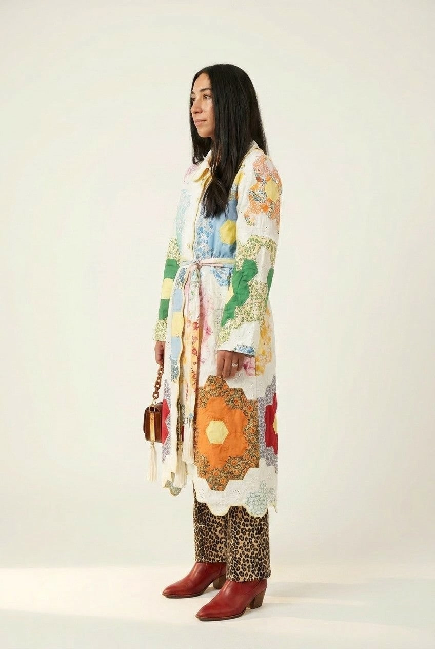 Patchwork Eyelet Scalloped Belted Coat