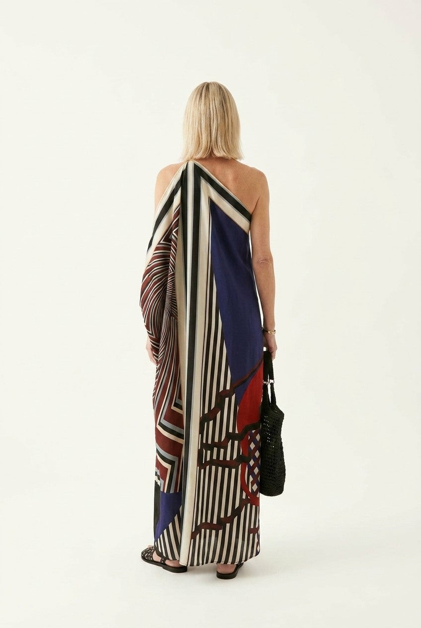 Women's One-Shoulder Silky Geometric Maxi Dress Flowy Vacation Kaftan
