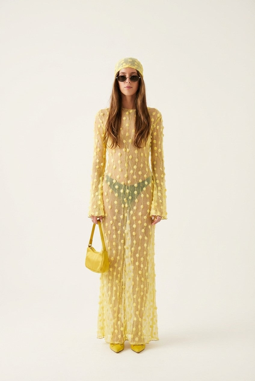 Sheer Textured Pom-Pom Long Sleeve Maxi Dress