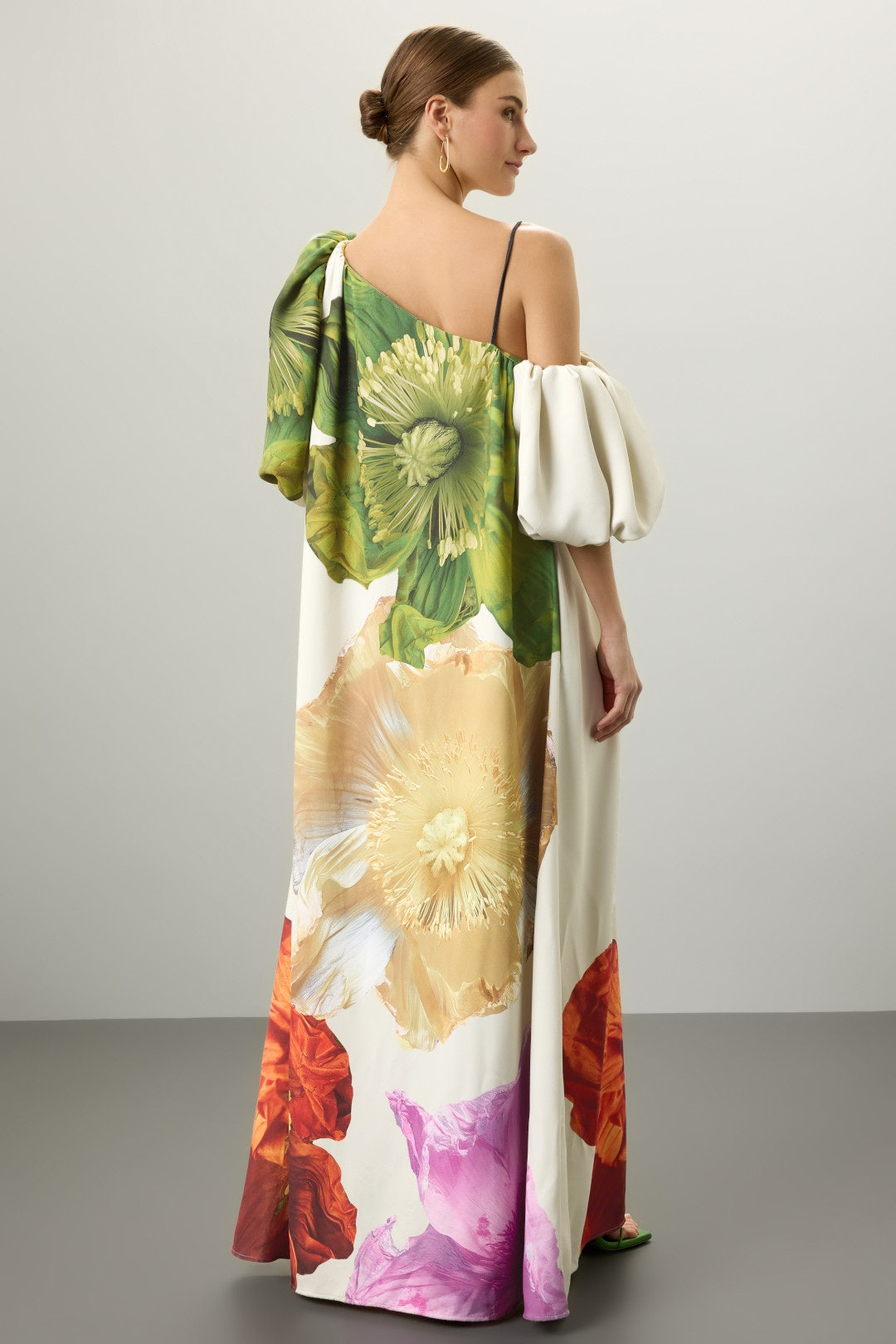 Floral Silk-Blend Satin One-Shoulder Puff Sleeve Maxi Dress