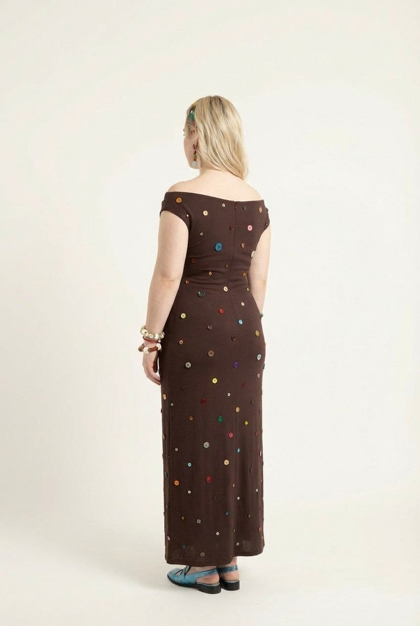 Boho Charm Off-Shoulder Maxi Dress with Colorful Buttons