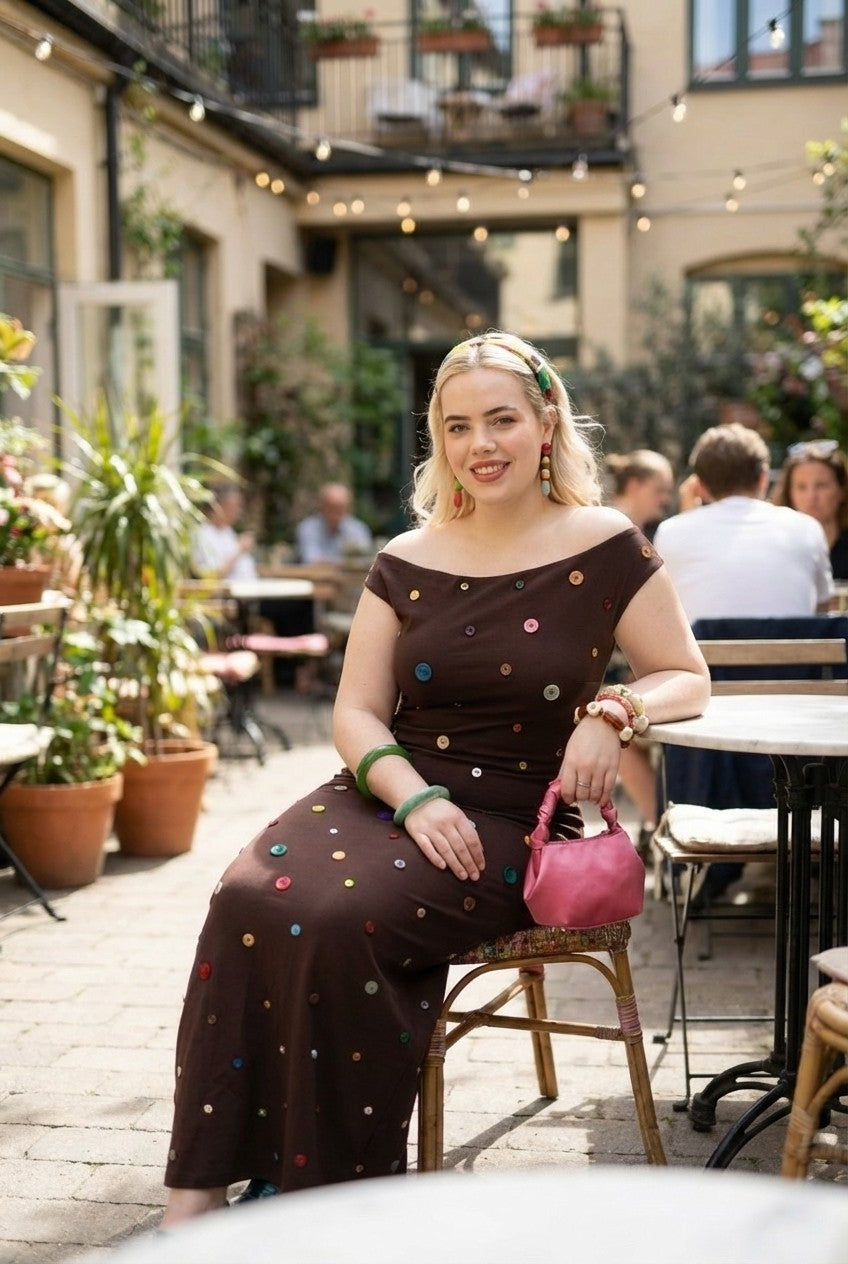 Boho Charm Off-Shoulder Maxi Dress with Colorful Buttons