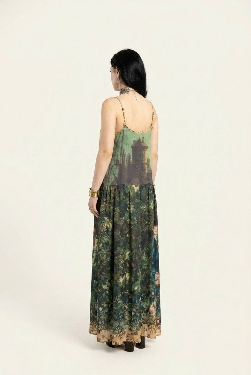 Castle Landscape Print Maxi Slip Dress