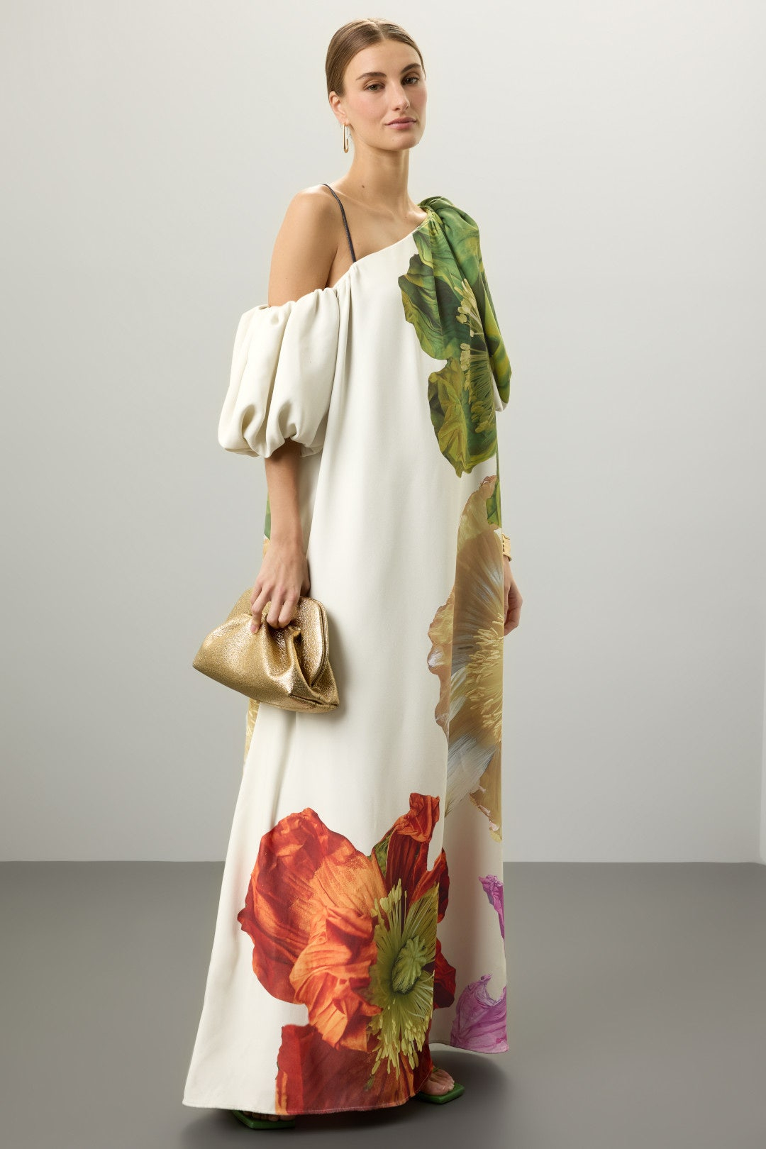 Floral Silk-Blend Satin One-Shoulder Puff Sleeve Maxi Dress