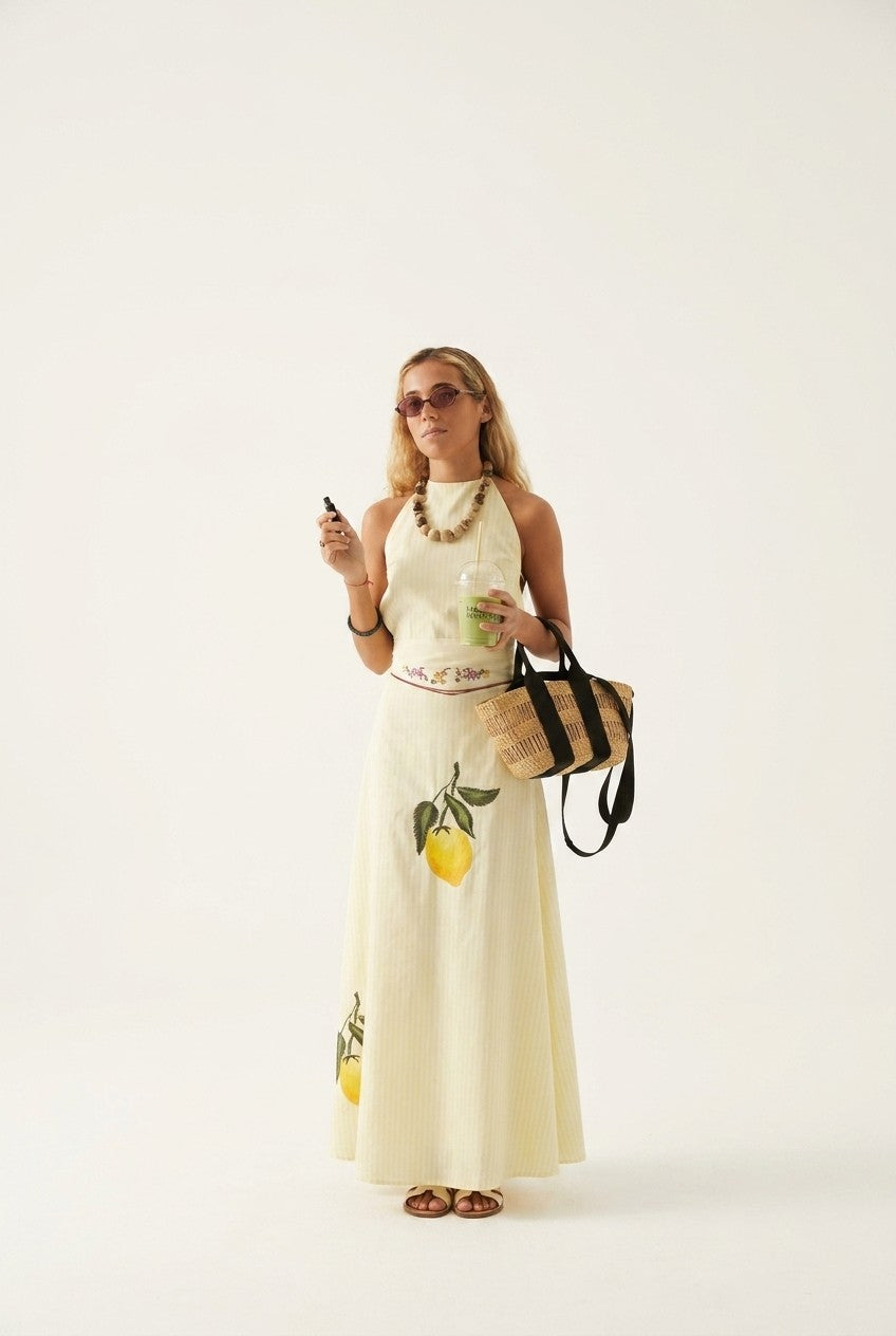Mediterranean Lemon Print Halter Maxi Dress