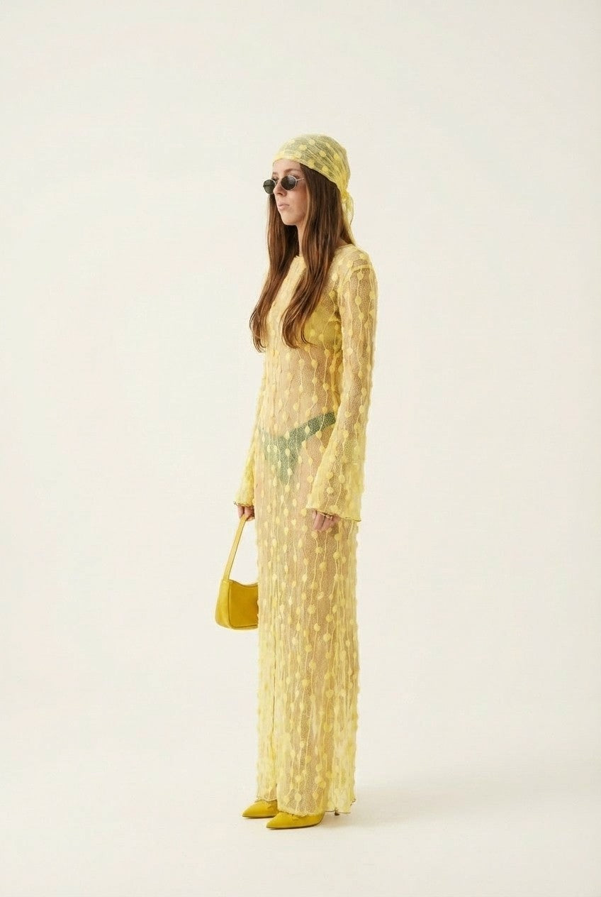 Sheer Textured Pom-Pom Long Sleeve Maxi Dress