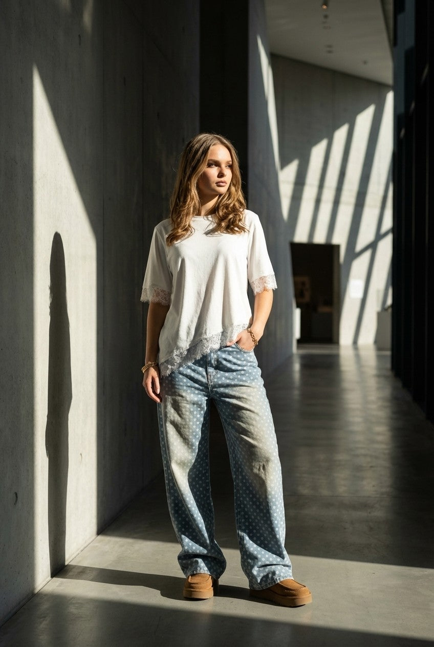 Product Name: Evelyn Lace-Trim Asymmetrical Cotton Top