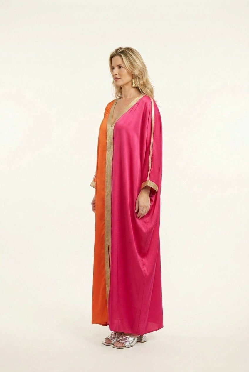 Colorblock Satin V-Neck Kaftan Dress