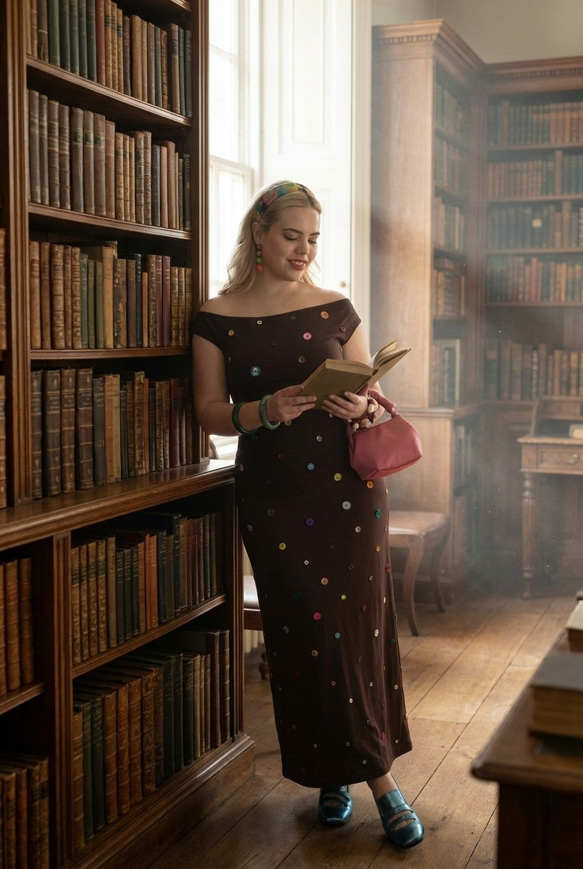 Boho Charm Off-Shoulder Maxi Dress with Colorful Buttons