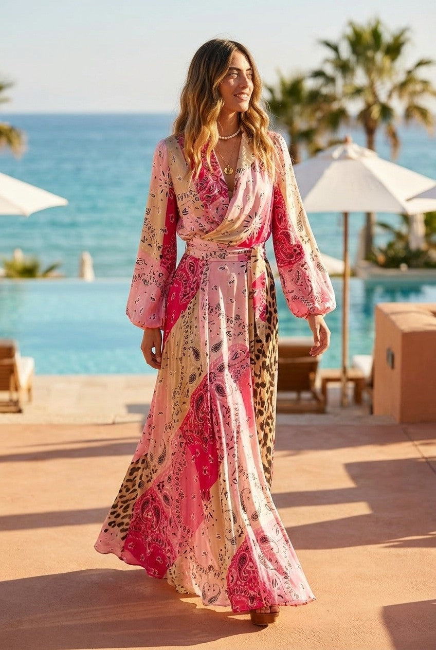 Mixed Print Satin Wrap Maxi Dress