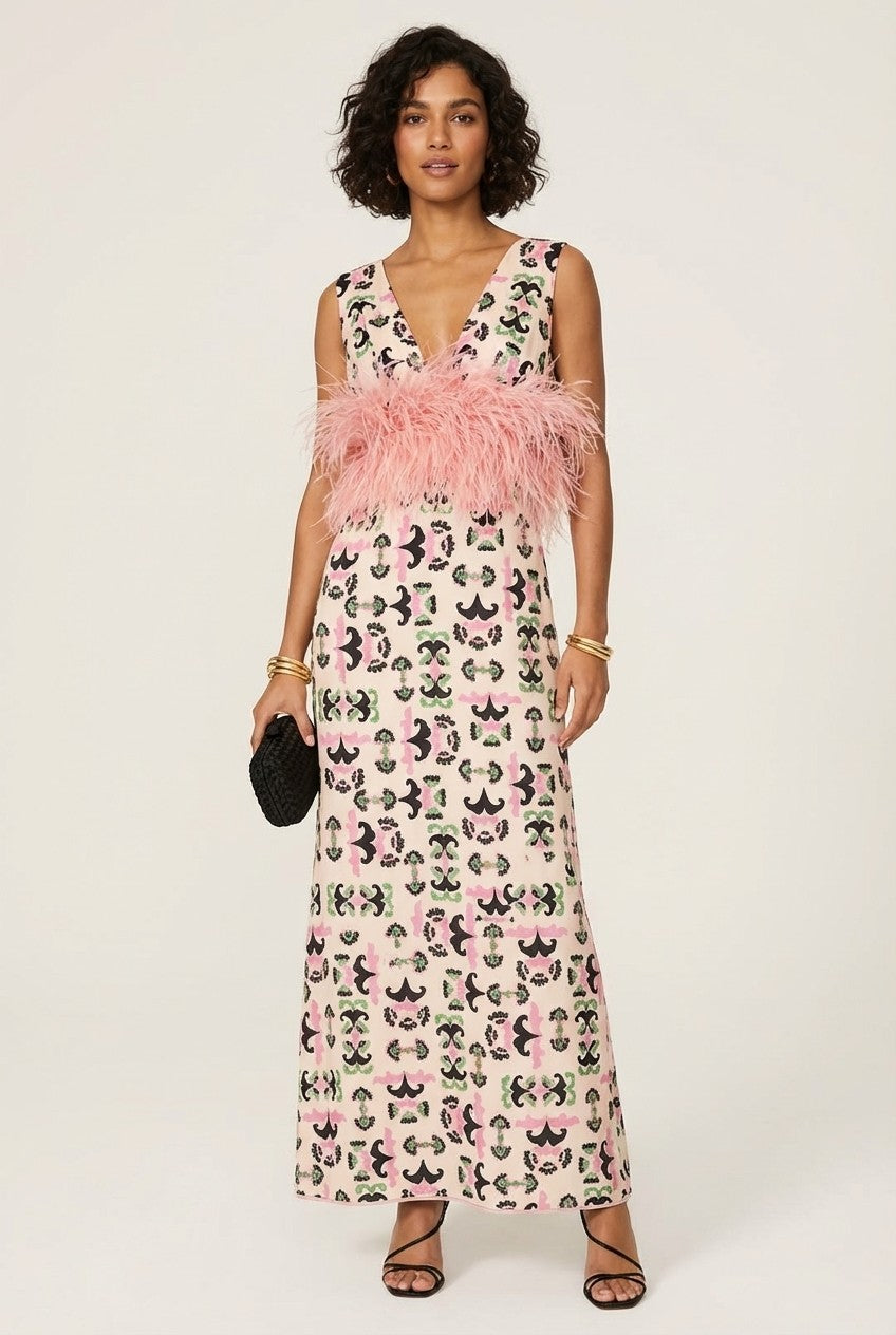 Feathered Elegance V-Neck Maxi Dress