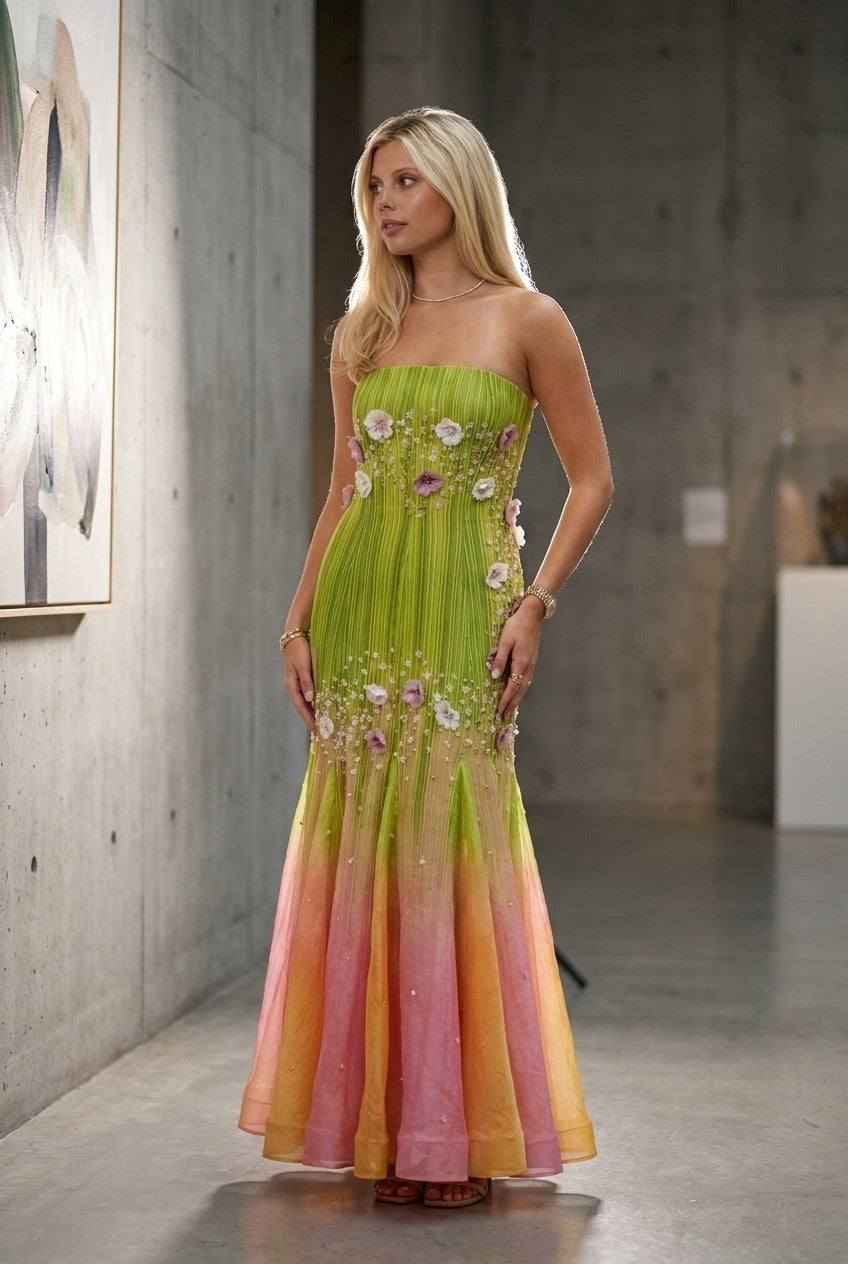 Strapless Floral Appliqué Ombre Pleated Maxi Dress