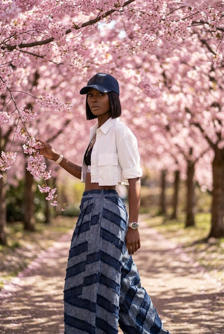 Patchwork High-Waisted Wide-Leg Denim Pants