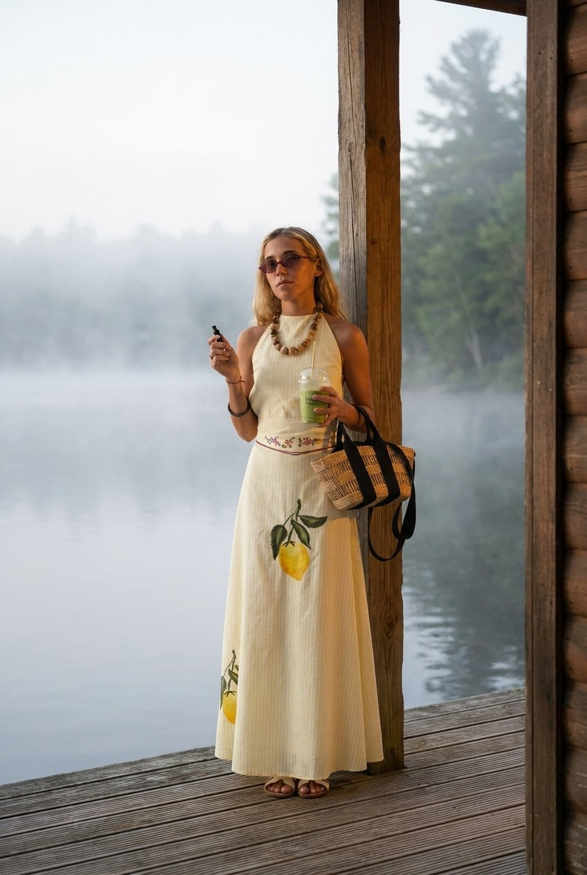 Mediterranean Lemon Print Halter Maxi Dress