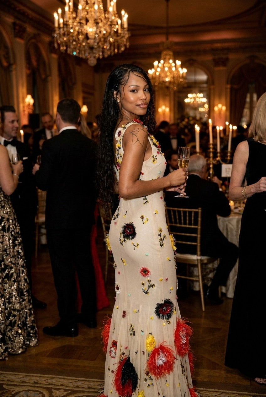 Floral Embroidered Tulle V-Neck Feather Trim Gown